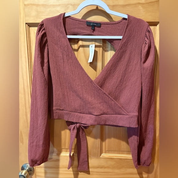 Glo Fashion London women's long-sleeve wrap top in a ribbed, dusty rose sz L - Picture 1 of 11